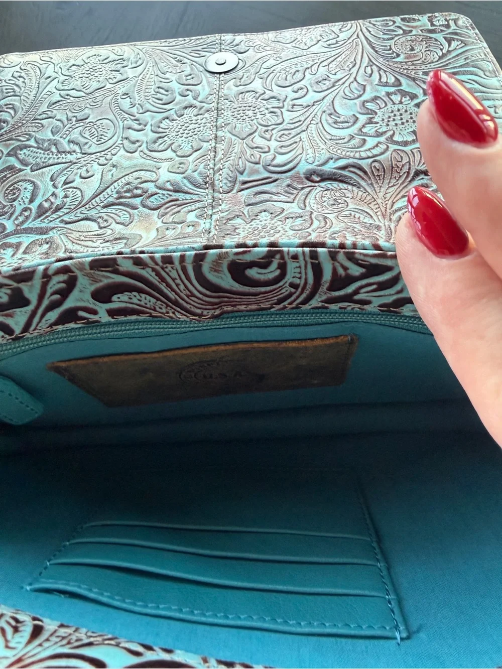 Tooled Leather Crossbody Bag in Turquoise and Brown Floral